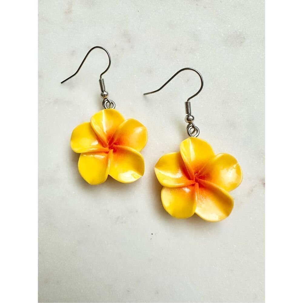 Yellow hibiscus dangle flower earrings